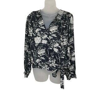 Lucky Brand  Beautiful Black And White Floral Wrap Style Blouse With Ties Size S